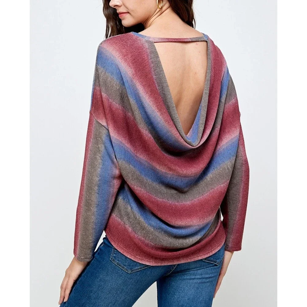 Women’s Striped Long Sleeve Sweater Low Back Detail Size M